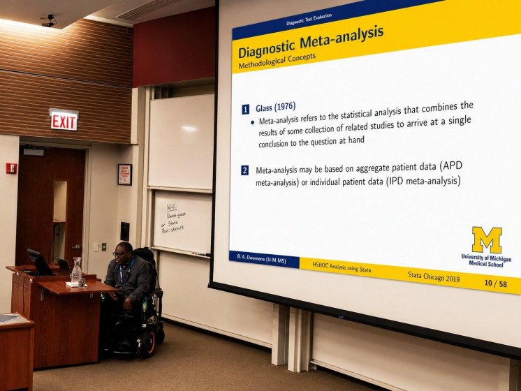 Ben A. Dwamena presenting a lecture on diagnostic meta-analysis at the 2019 Stata Conference in Chicago